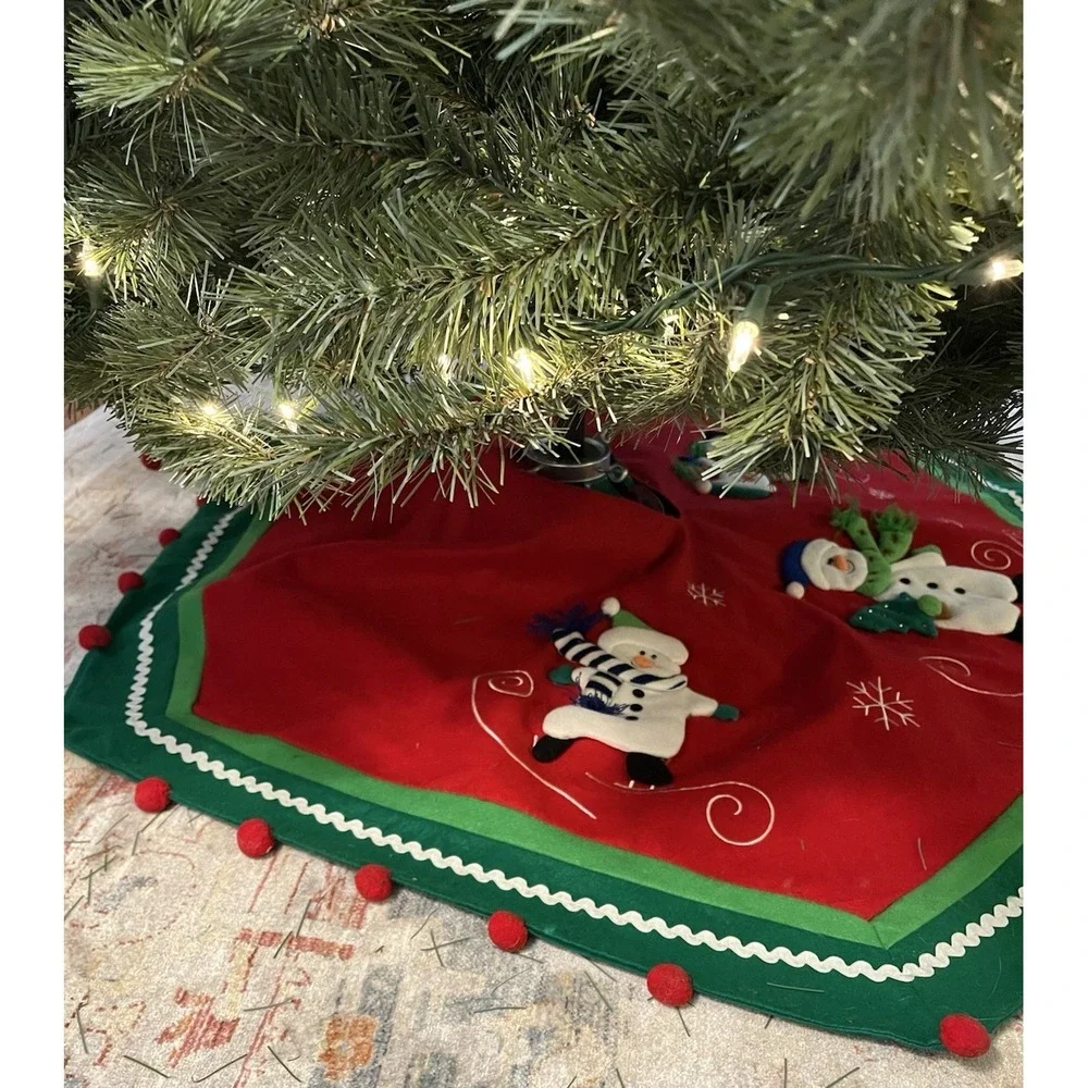 Vintage Felt Christmas Tree Skirt Table‎ Cover 3D Snowman Pom Embroider Applique